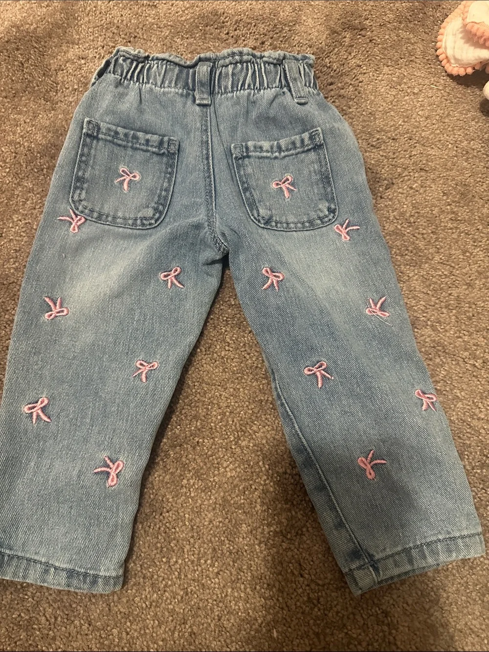 Primary Light Blue Denim Jeans with Pink Bow Embroidery